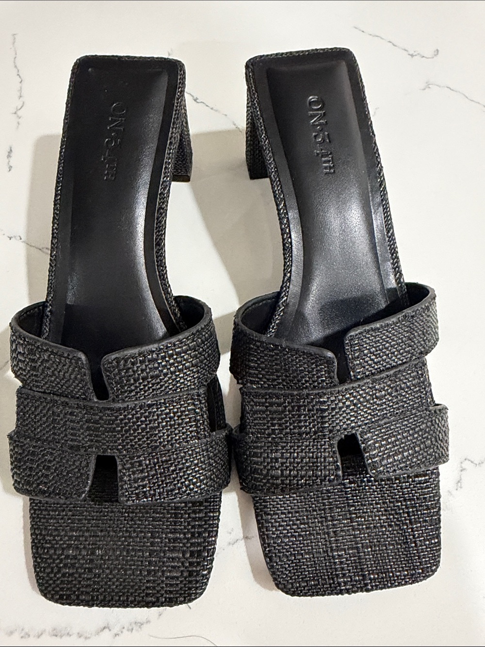 Black Woven Square-Toe Slide Heels